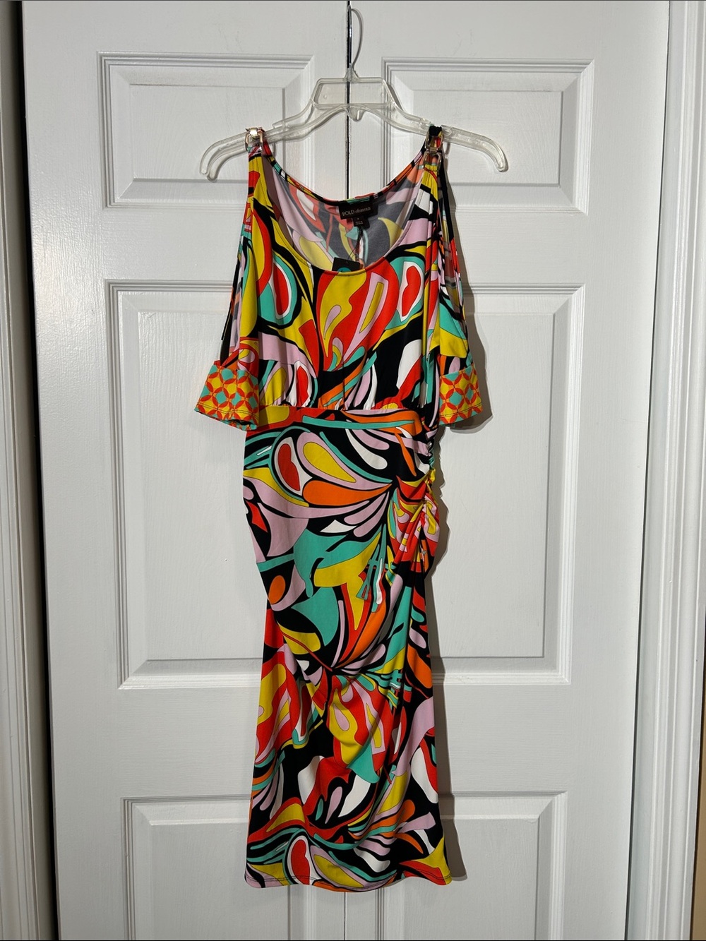 NWT BOLD elements Multicolor Swirl Cold-Shoulder Midi Bodycon Dress Size Small